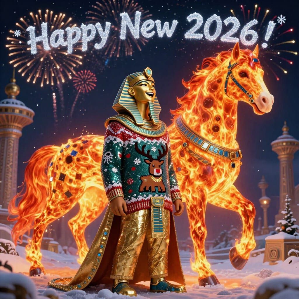 Festive Sphinx and Fiery Horse in Snowy Landscape