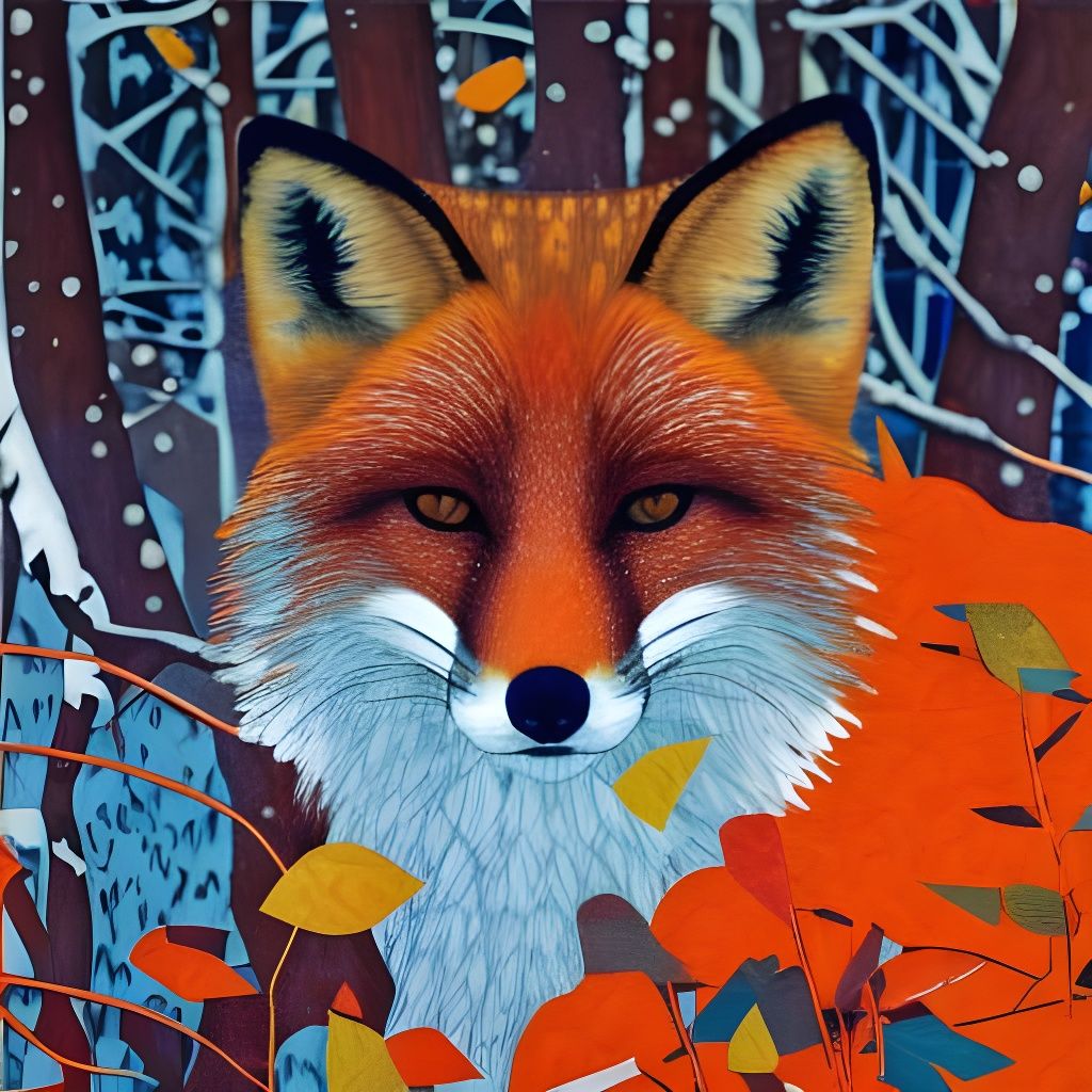Fox in Snowfall with Autumn Leaves, Colorful 3D Art