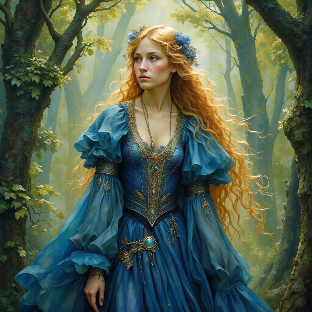 Medieval Woman in Lush Forest with Alcohol Ink Aesthetics