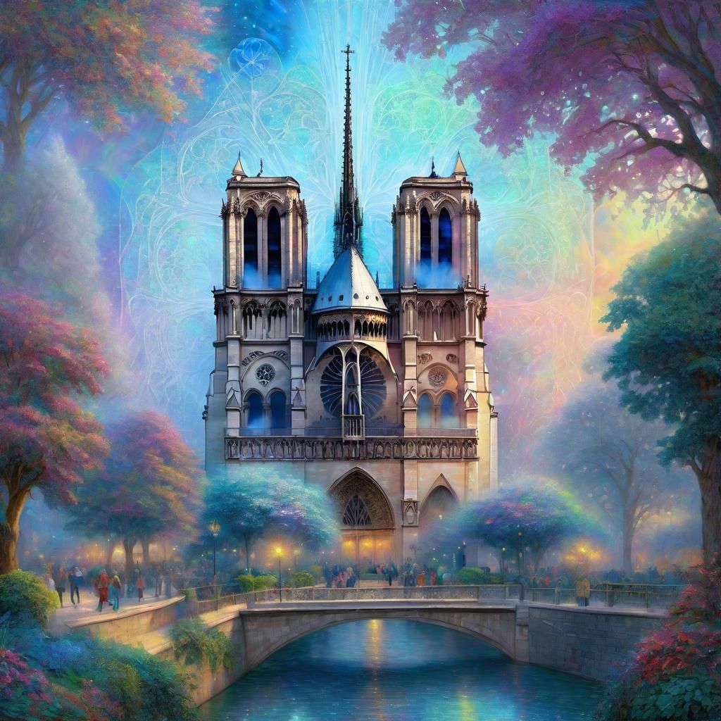 Ethereal Notre-Dame Cathedral in Fantasy Landscape