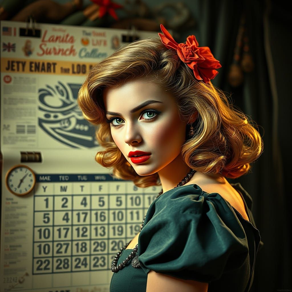 Pin Up Girl in 1940s Calendar Scene