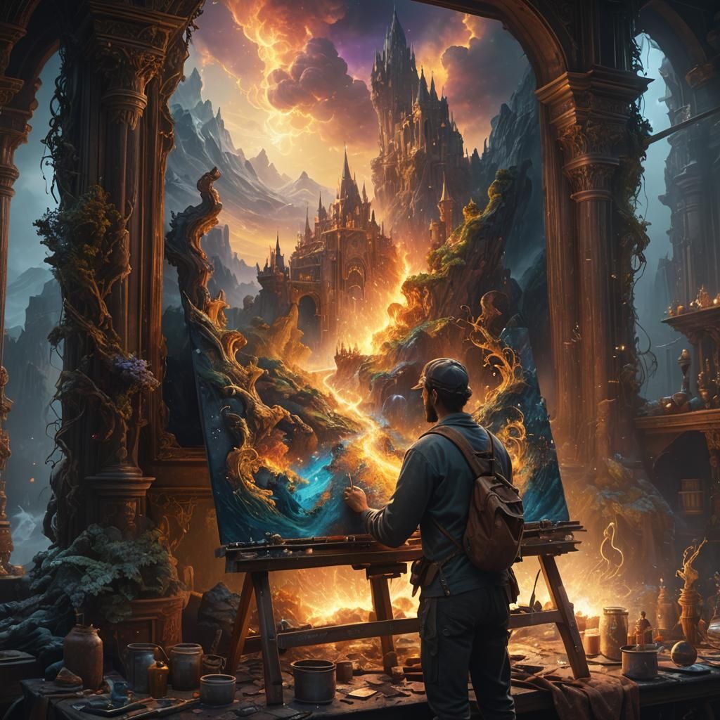 Magical Artist Painting a Luminous Canvas