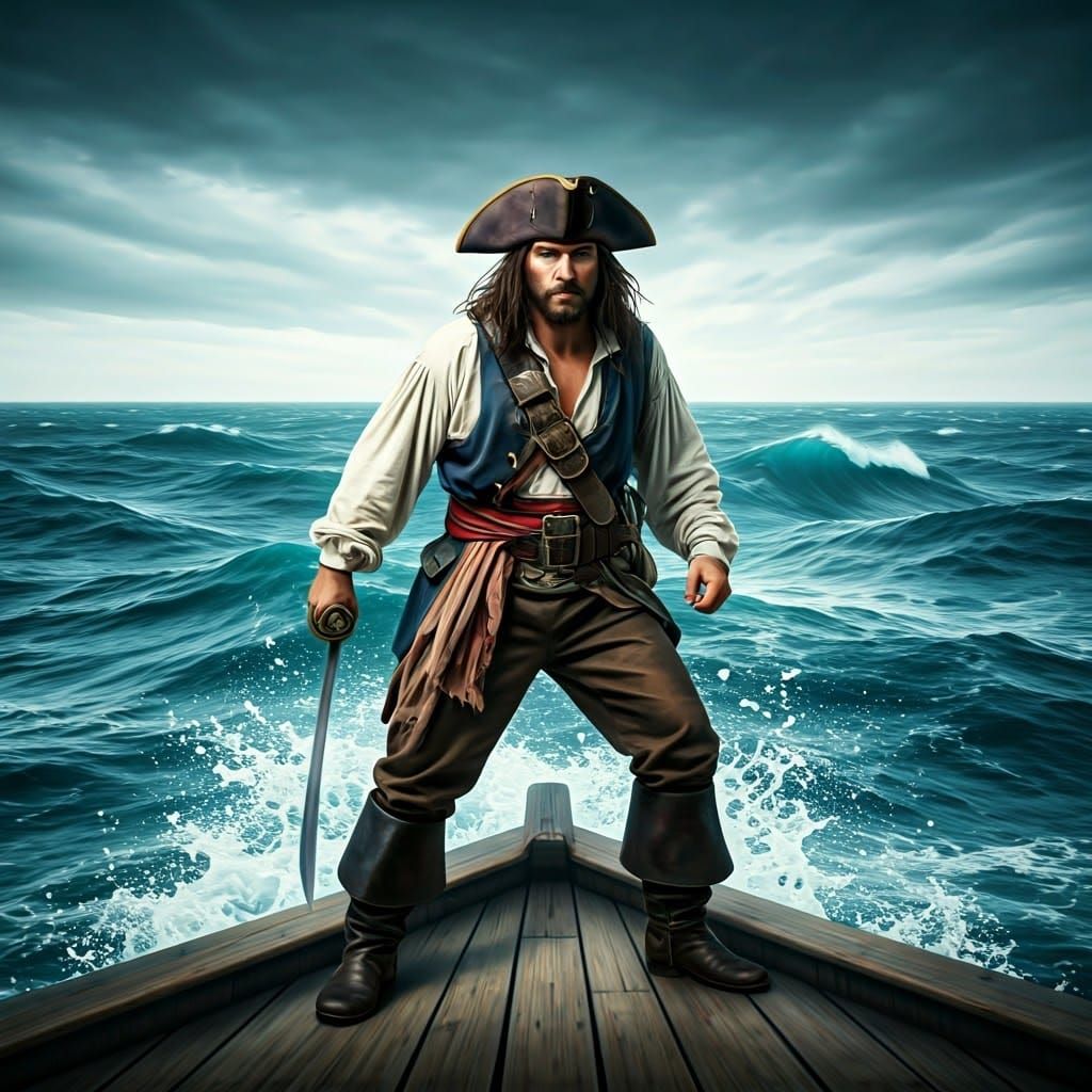 Pirate Bracing Against Turbulent Sea in Vibrant Colors