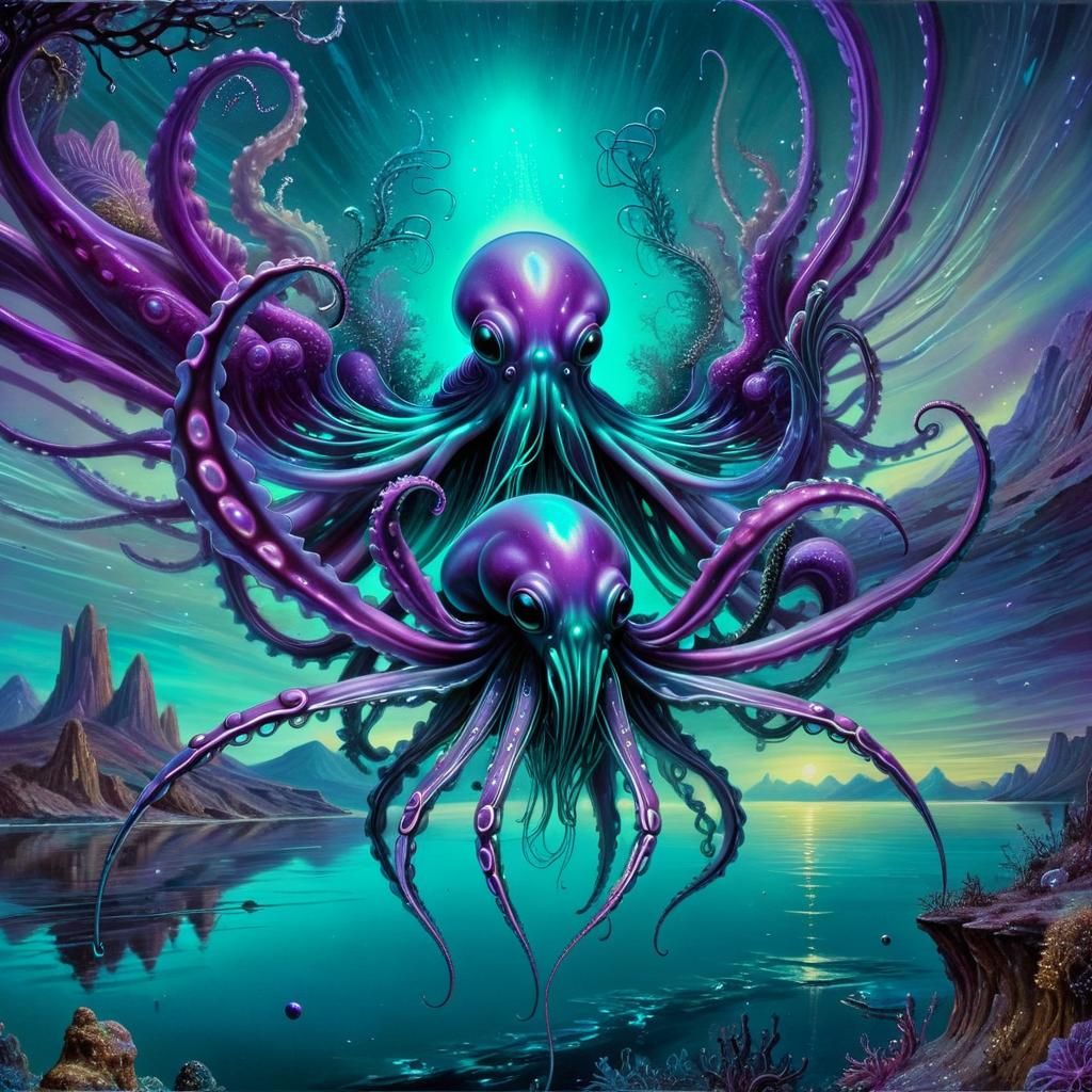 Bioluminescent Flying Squid: Surreal Sci-Fi Dreamscape