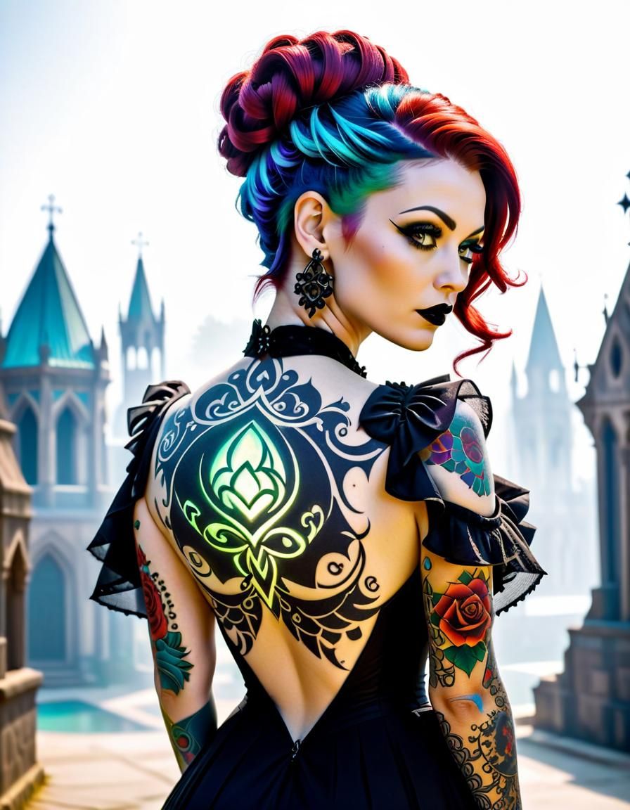 Gothic Woman's Intricate Tattoo Art in Rococo-Horrorcore Sty...