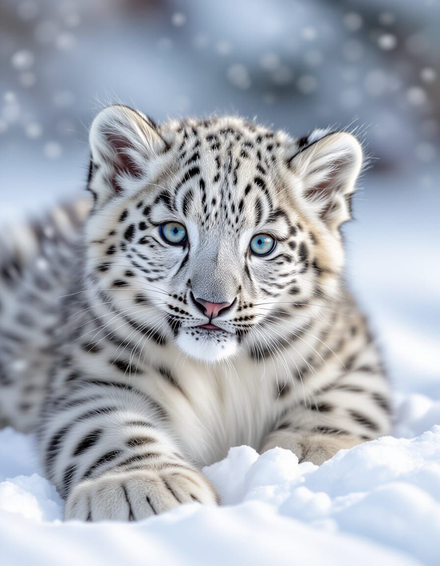 Fluffy Snow Leopard Cub Plays in Alpine Snow