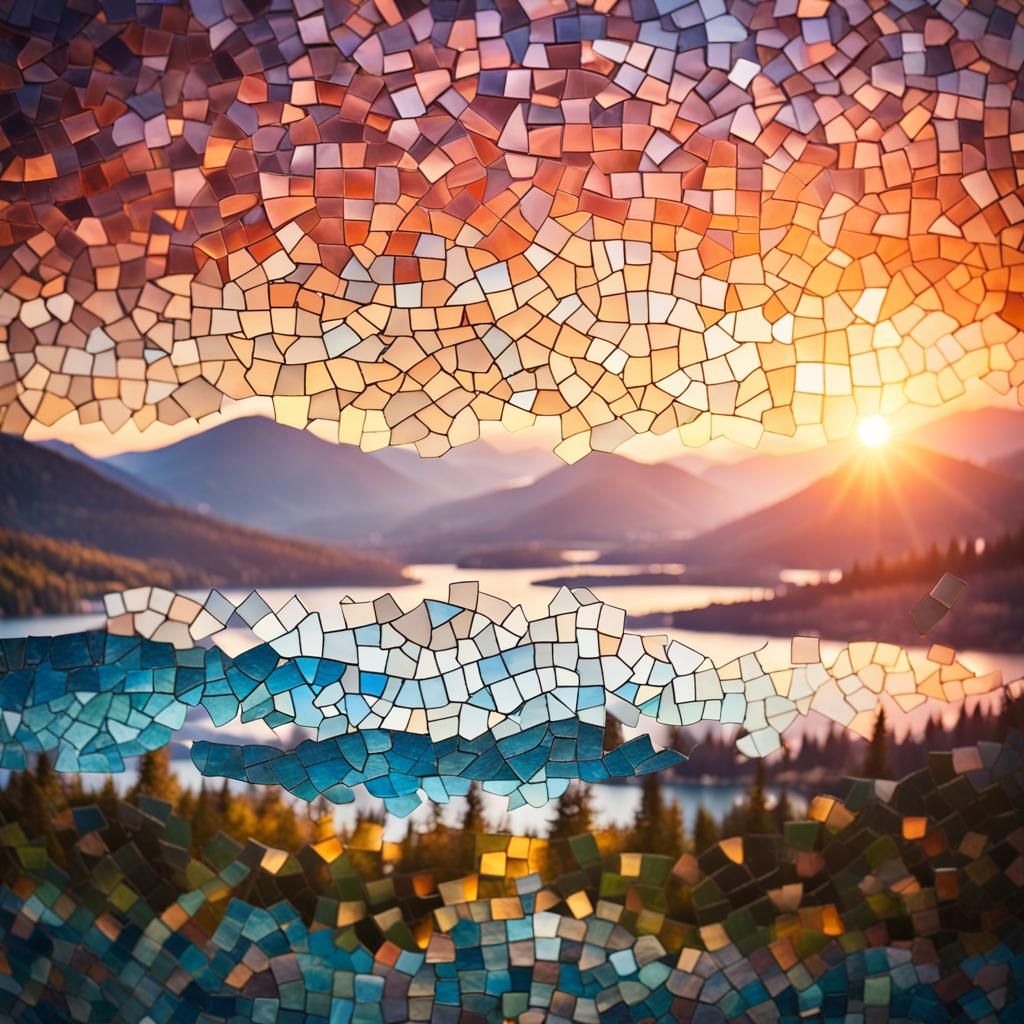 Colorful Mosaic Landscape with Lake and Mountains