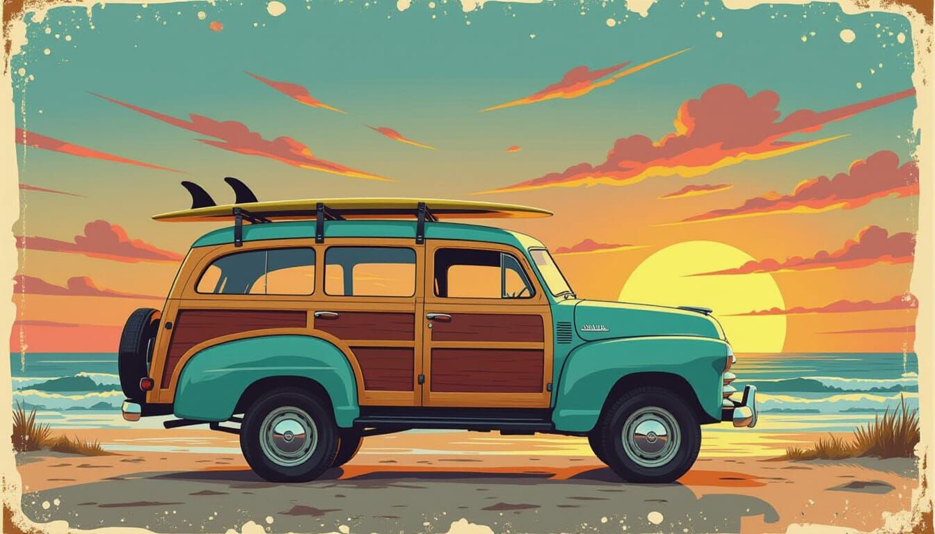 Vintage Surf Truck Sunset in Soviet Poster Style