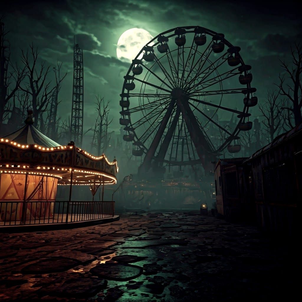 Deserted 1930s Carnival in Eerie Moonlight