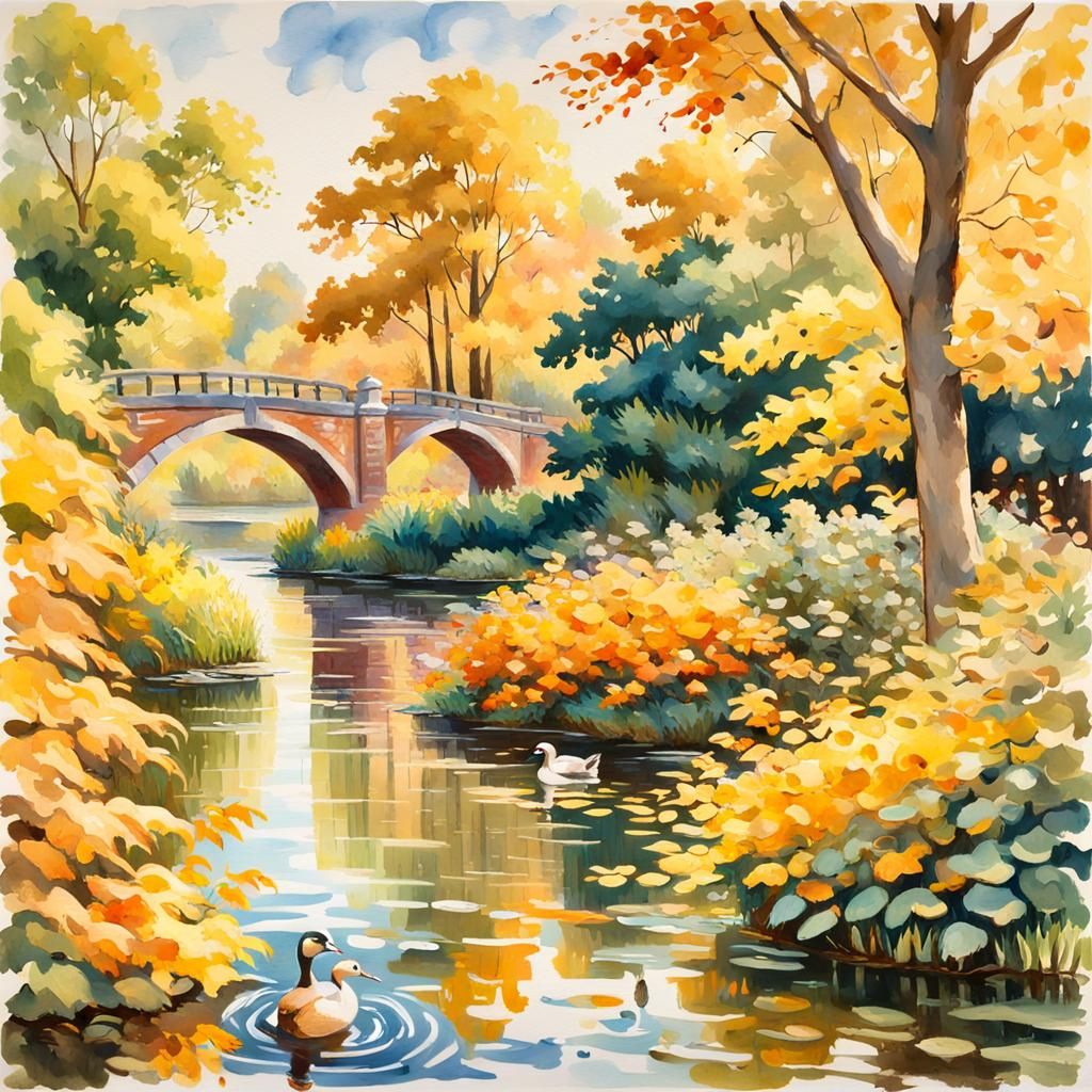Autumnal Water Lilies and Ducks in Gouache Style