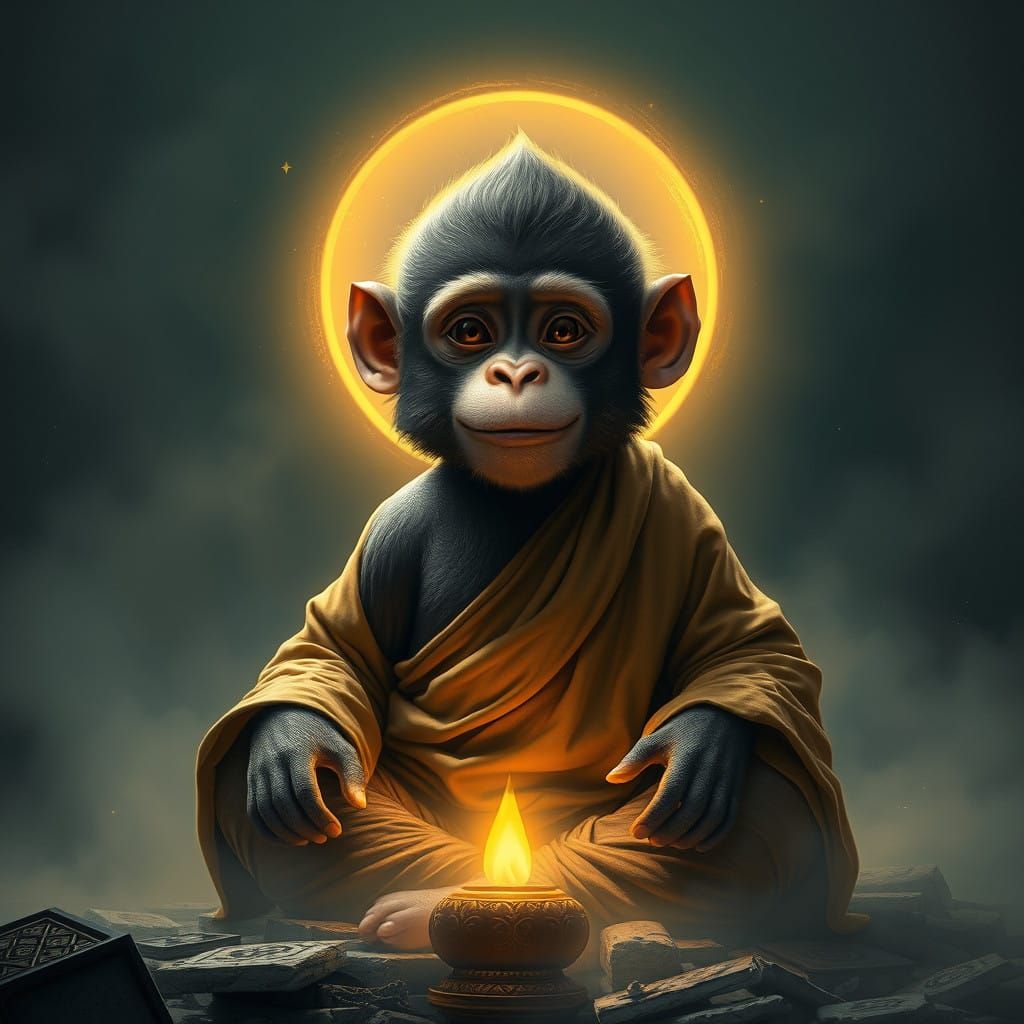 Meditative Monkey Monk in a Mystical, Golden Glow