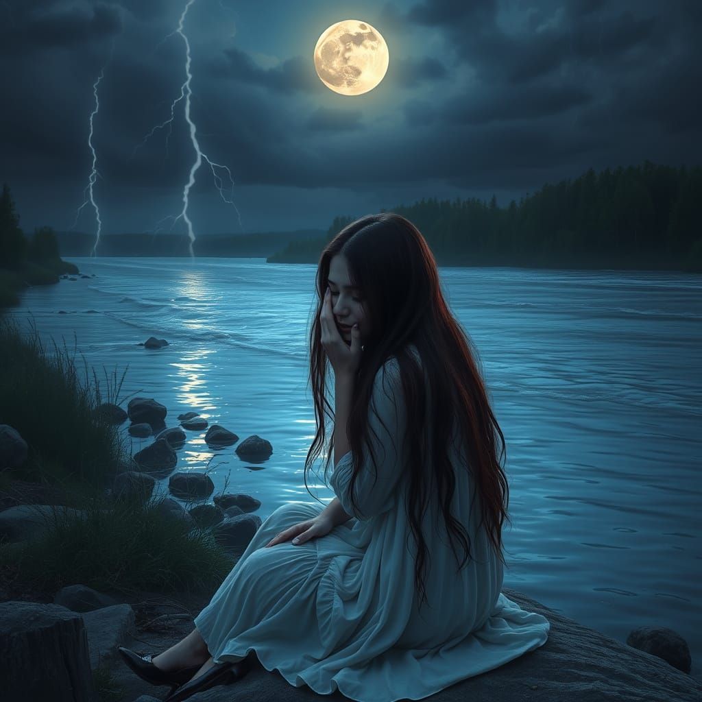 Sad Woman Crying by Riverbank Under Stormy Moonlit Night