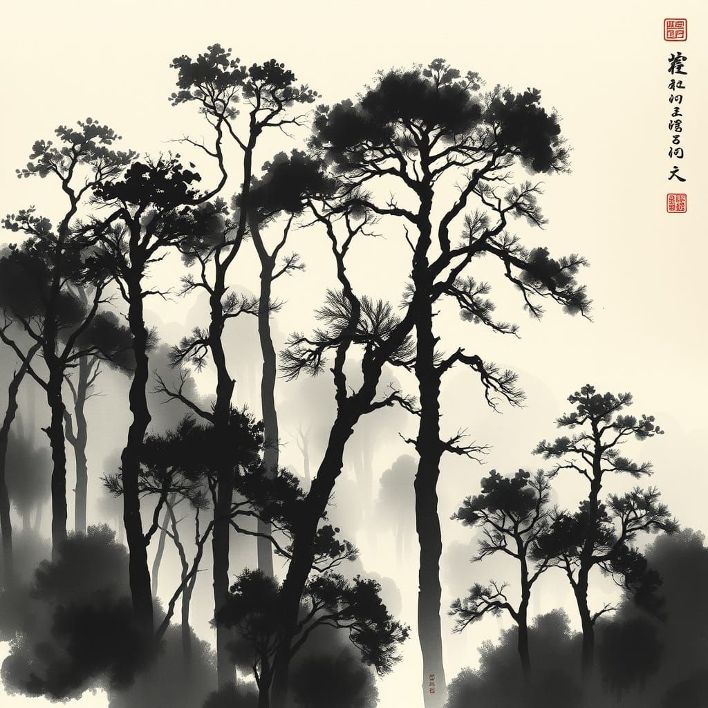 Misty Forest Landscape in Sumi-e Style