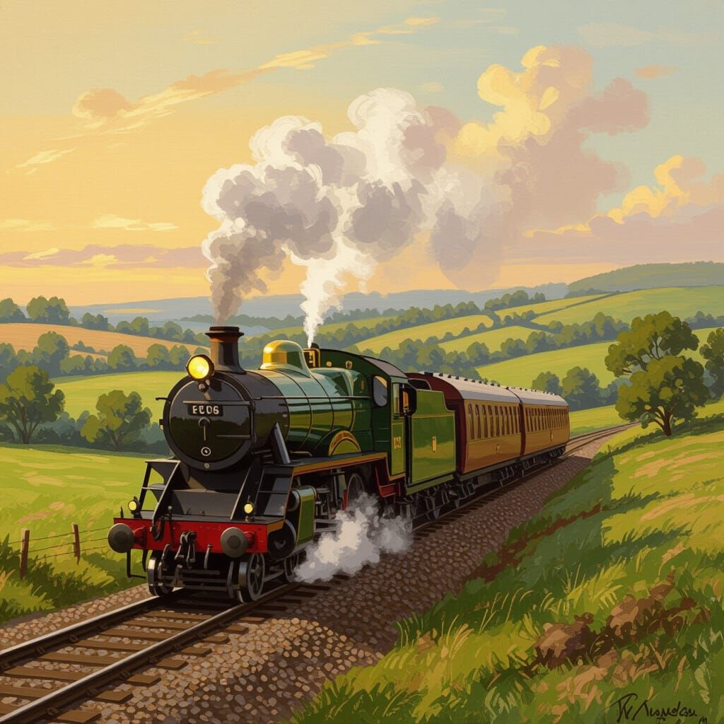Vintage Train in British Countryside, Impressionistic Style