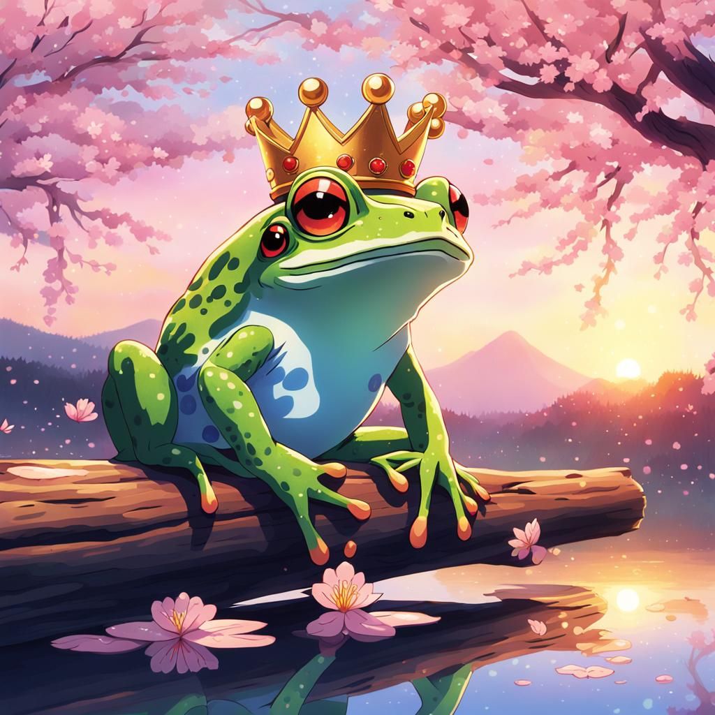 Crowned Frog on Log in Japanese Anime Style