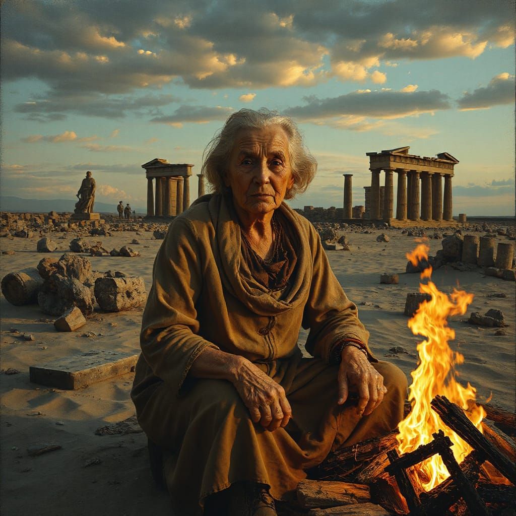 Post-Apocalyptic Traveler: Expressionistic Campfire Scene