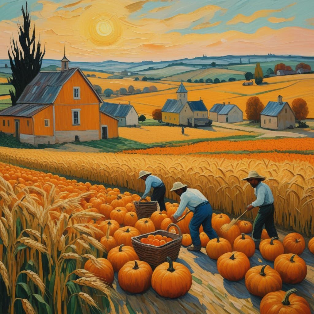 Autumn Harvest Scene in Impressionist Style