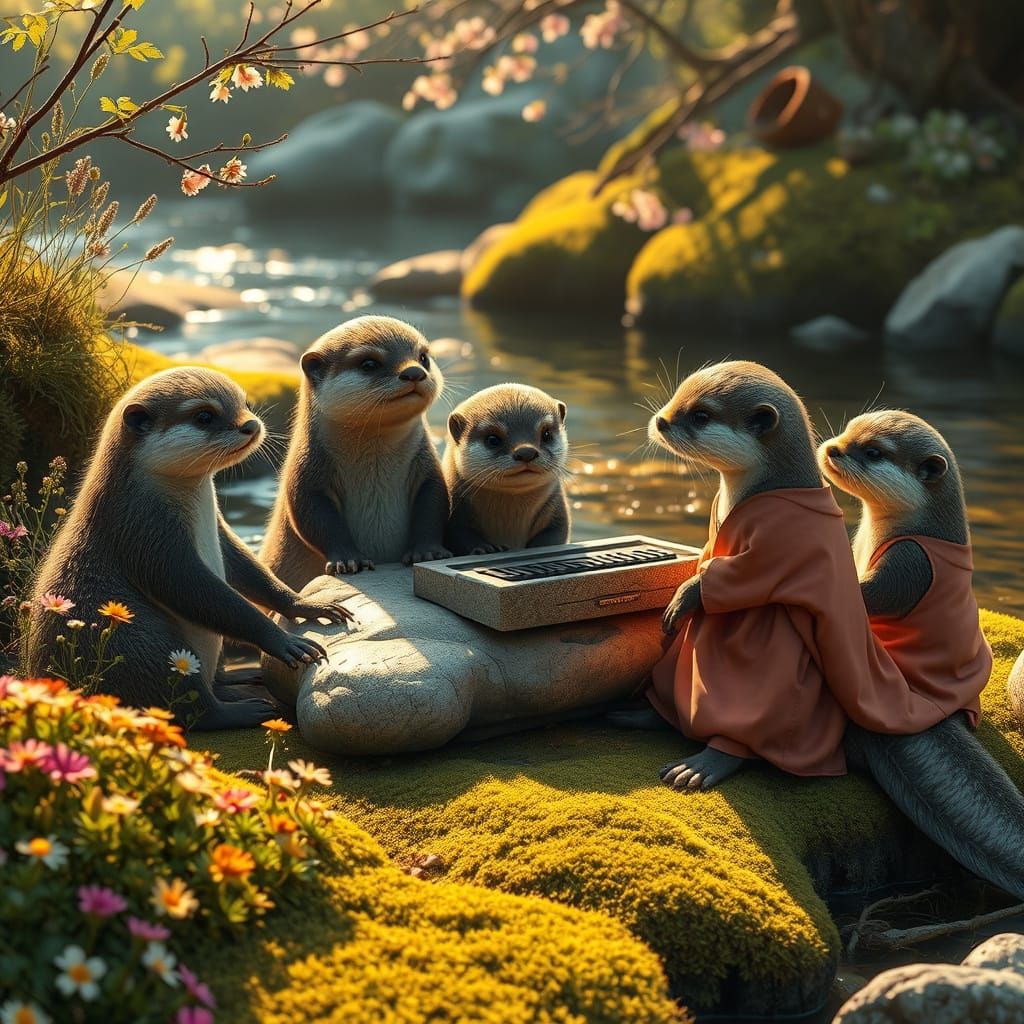 Otter Family Concert in Nature, Dreamlike Rendering