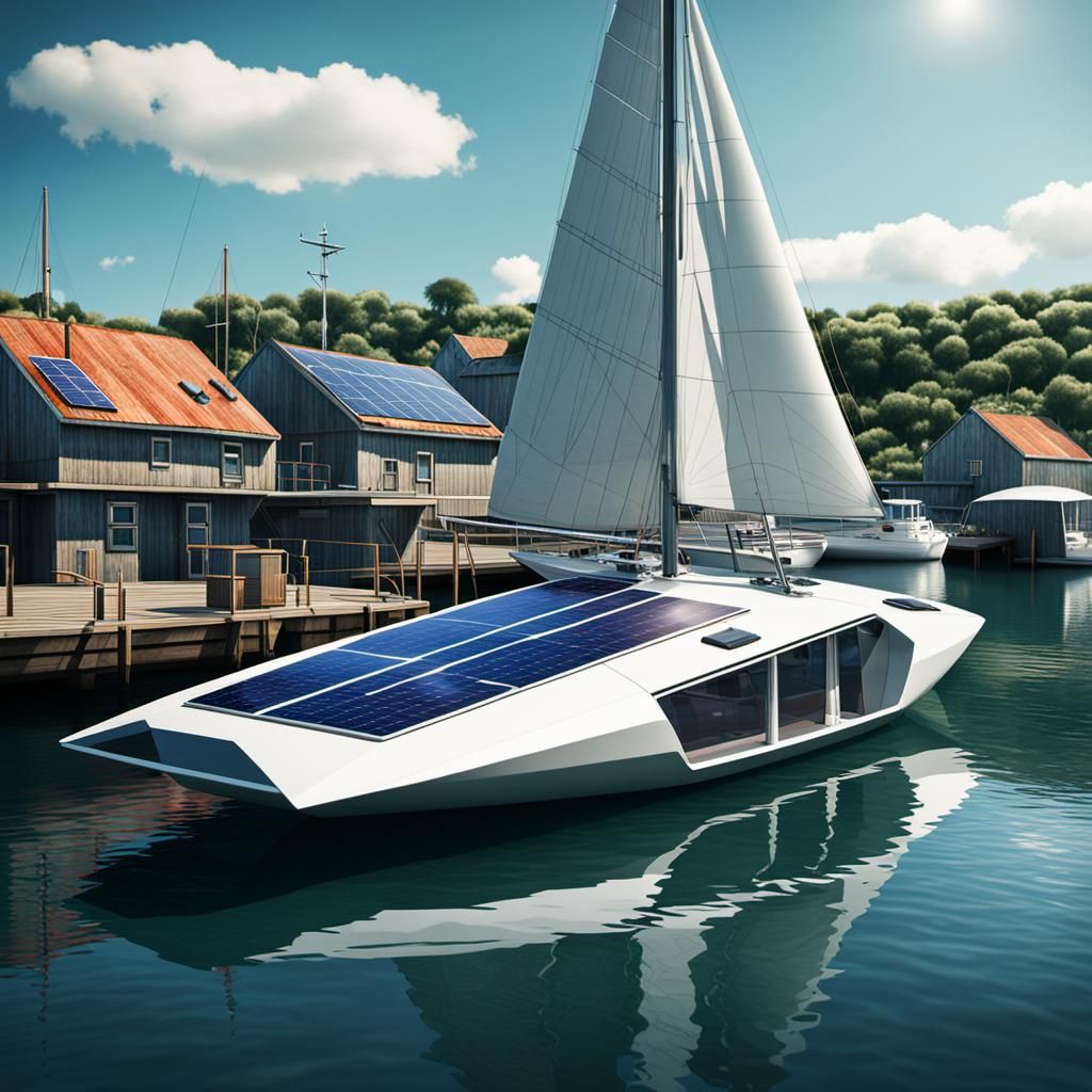 Solarpunk Sloop in Harbor: Futuristic Photography