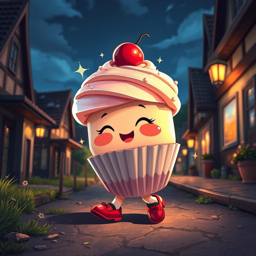 Delighted Chibi Cupcake Walks Down Village Street