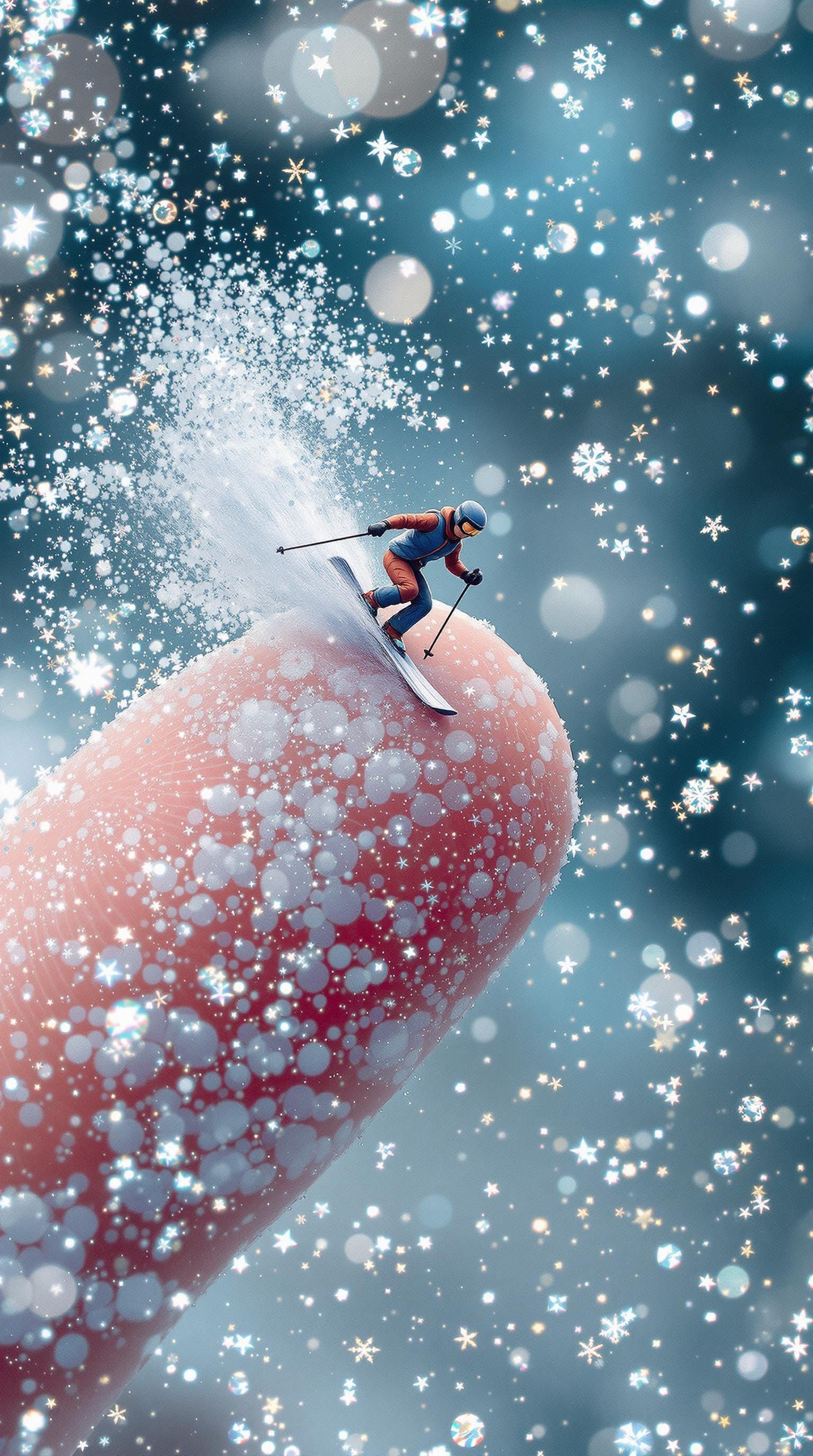 Mystical Snowscape with Tiny Skier in Whimsical Silver Glitt...