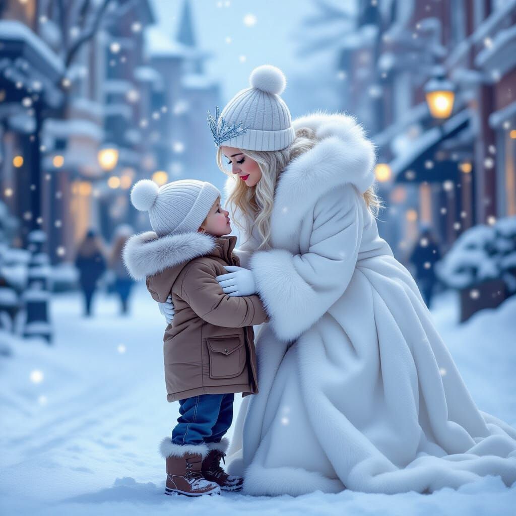 Boy Meets Snow Queen in Winter Scene