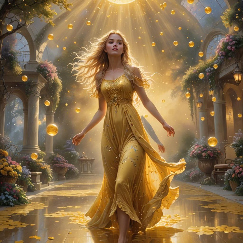 Girl in Sun Dress with Golden Orbs