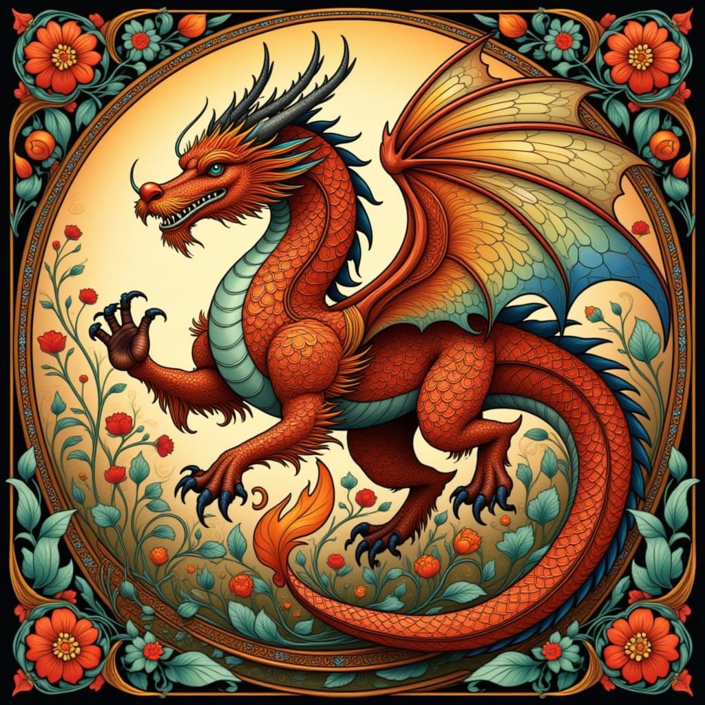 Folk Nouveau Dragon with Stained-Glass Wings