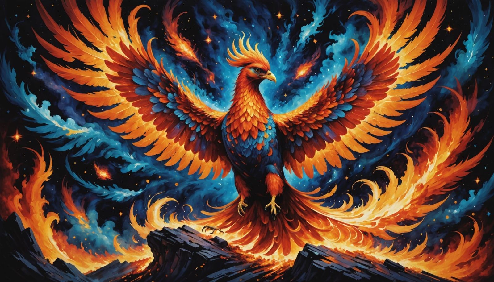 Majestic Phoenix Ablaze with Cosmic Fire in Surreal Oil Pain...