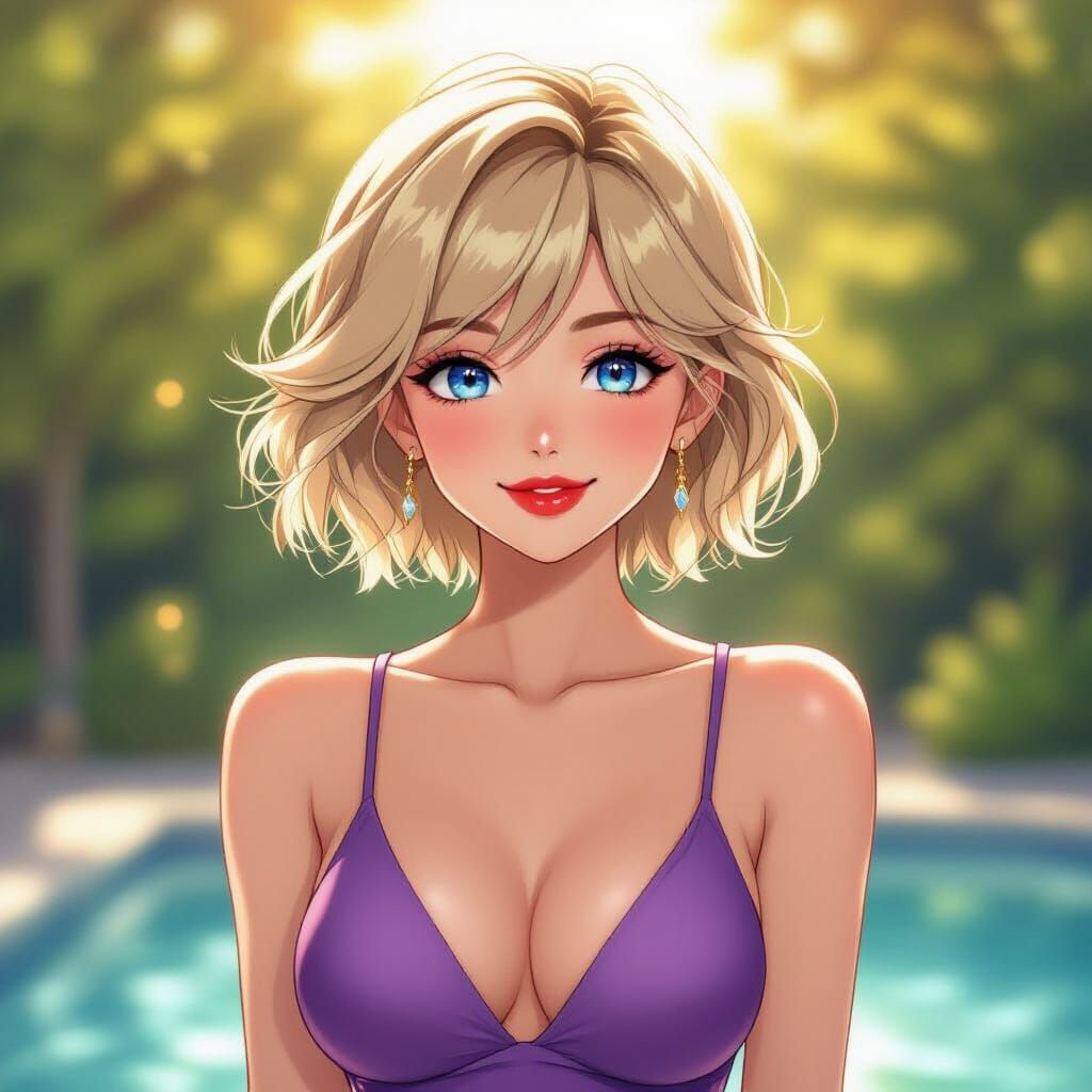 Anime Woman in Lilac Swimsuit with Teasing Smile