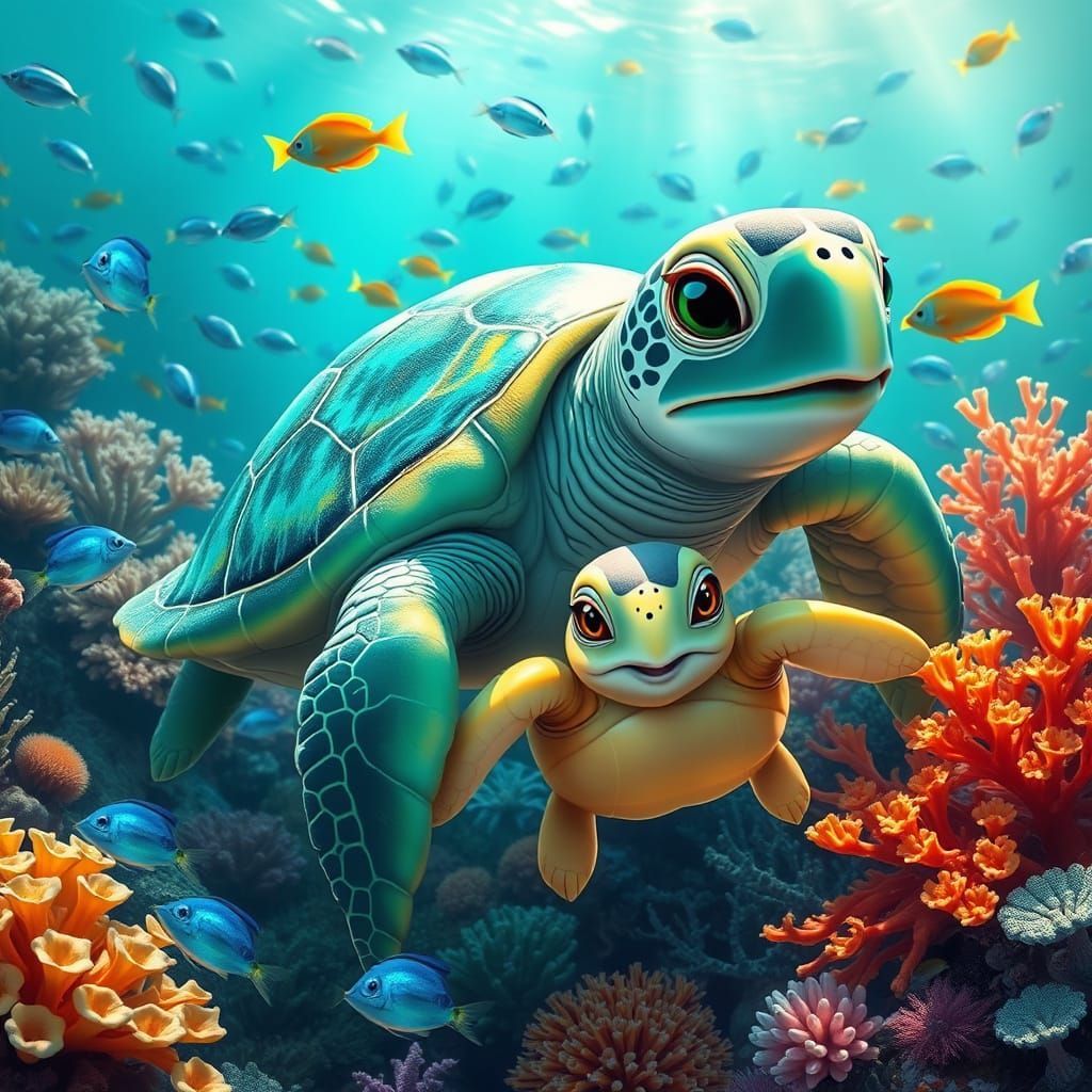 Vibrant Mother and Baby Turtles in a Sunlit Coral Reef