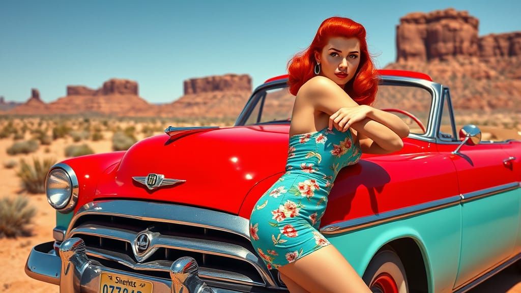 Retro Pin-Up Girl in 1950s Desert Landscape
