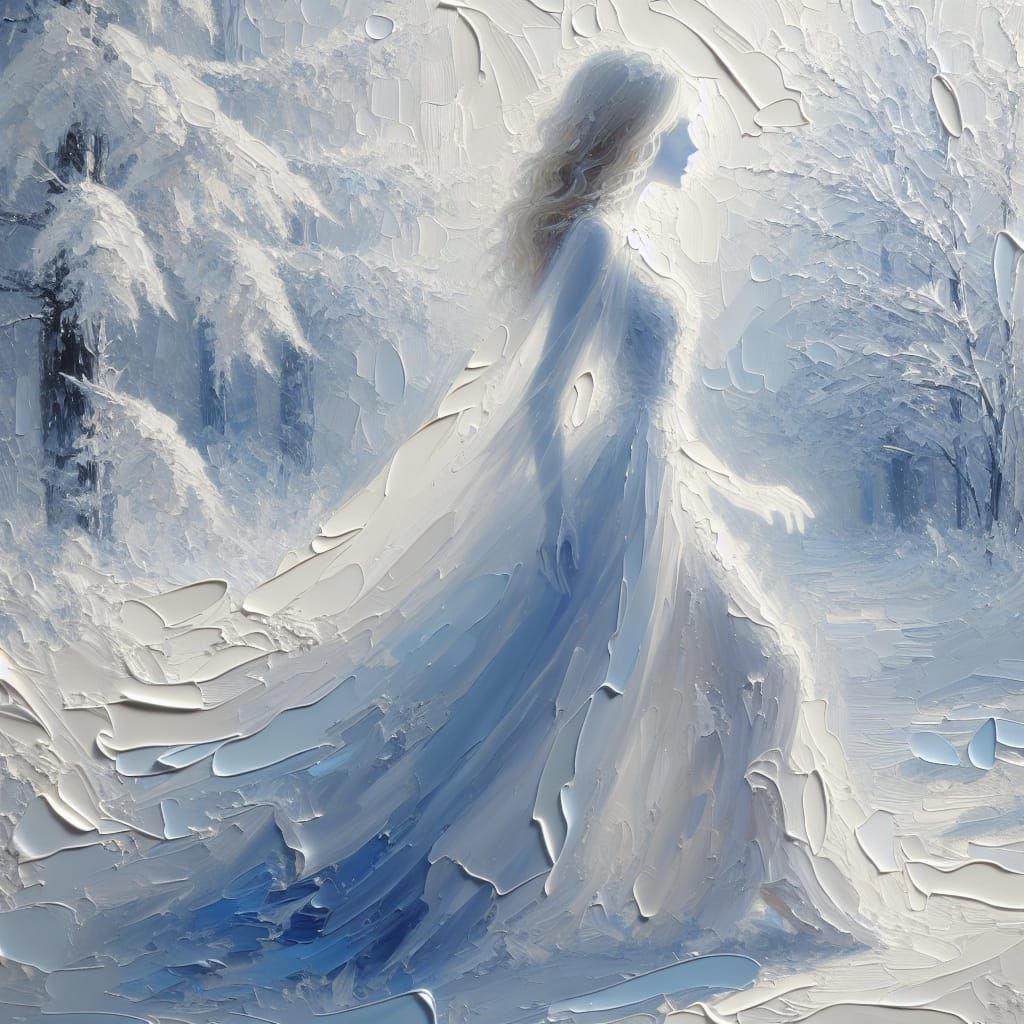 Ethereal Woman in Snowy Landscape as Impasto Painting
