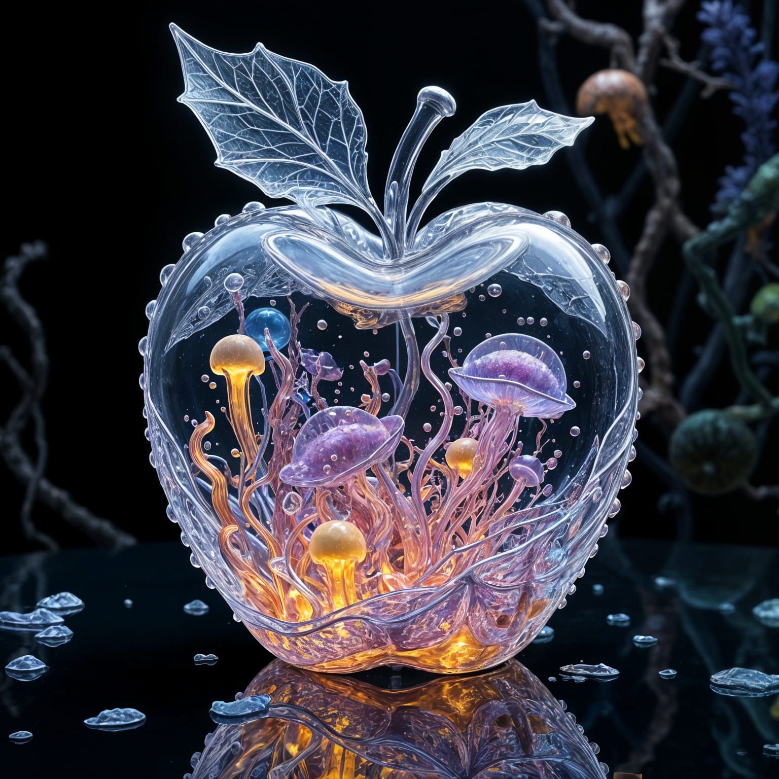 Surreal Glass Apple Teeming with Jellyfish in a Dark Fantasy...