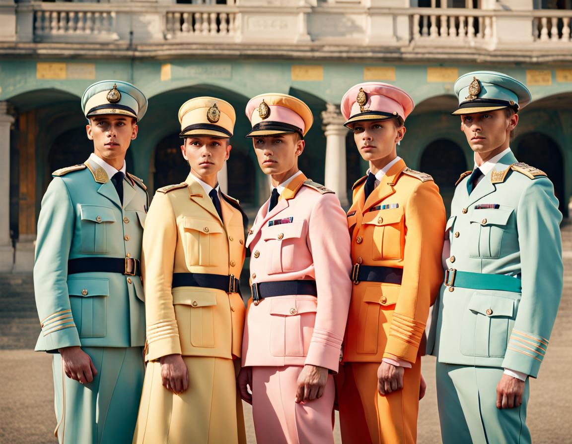 Elegant Pastel Soldiers in Sunshine, Wes Anderson Style