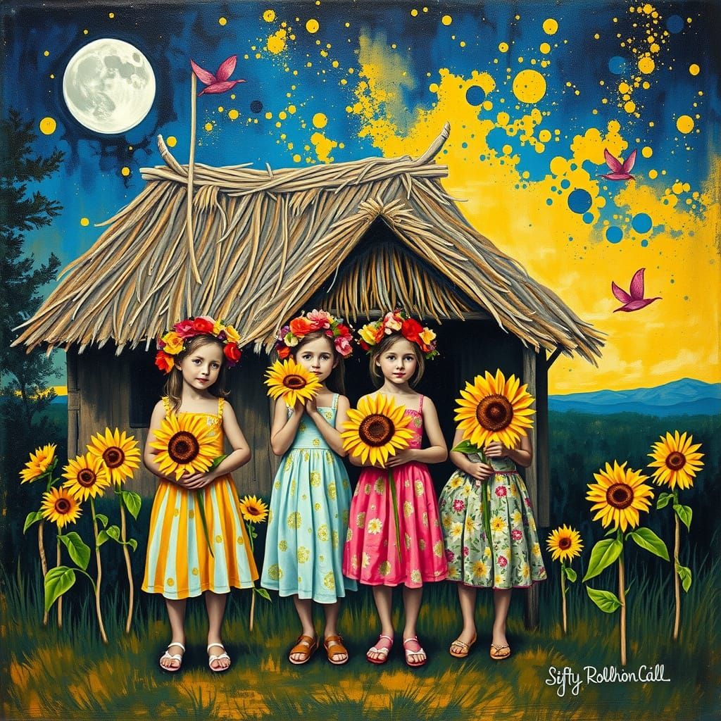 Girls with Sunflowers in Vibrant Lemon Night Sky Splatter Ar...