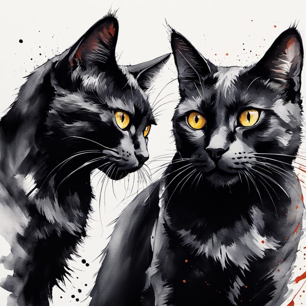 Mysterious Black Cats in Traditional Japanese Ink Style