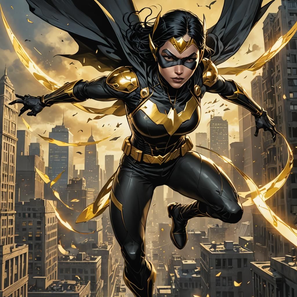 Woman in Black and Gold Costume Flying