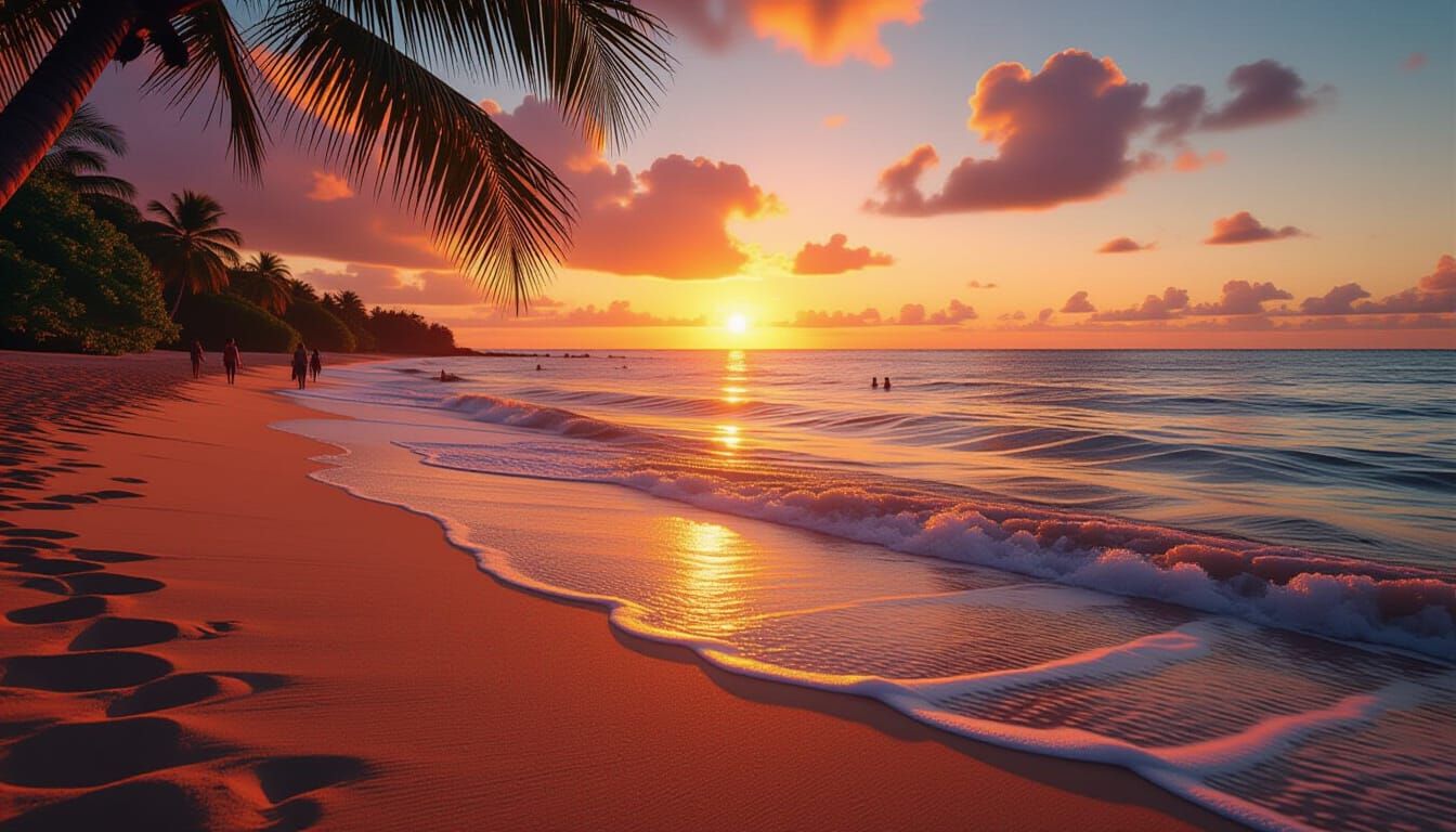 Tropical Beach Sunset in Hyper-Realistic Style