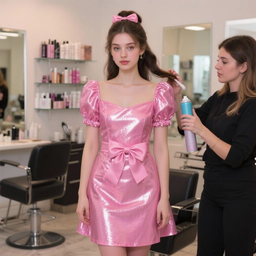 Young Woman in Pink Princess Dress at Hair Salon
