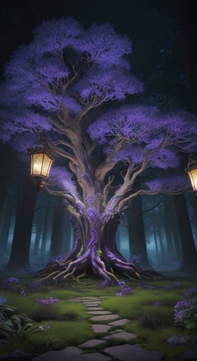 Tree of Life with Elvish Architecture and Lanterns