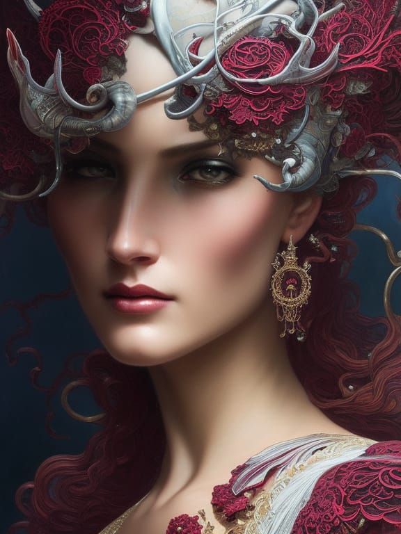 Cyberpunk Queen in Opulent Ruby Regalia