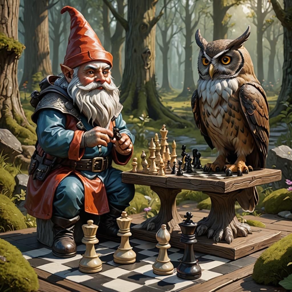 Gnome and Owl Play Chess in Magical Realm