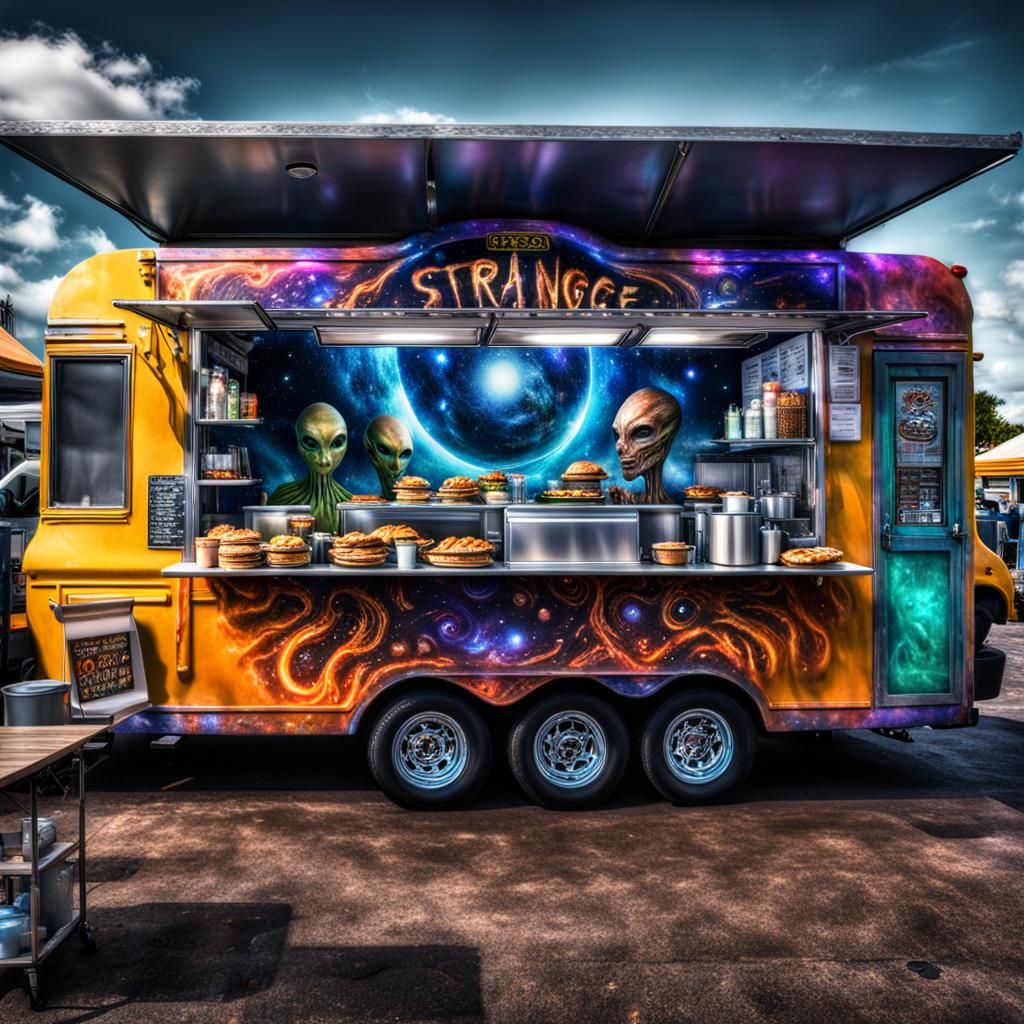 Hyperrealistic Galactic Food Truck Serving Alien Cuisine