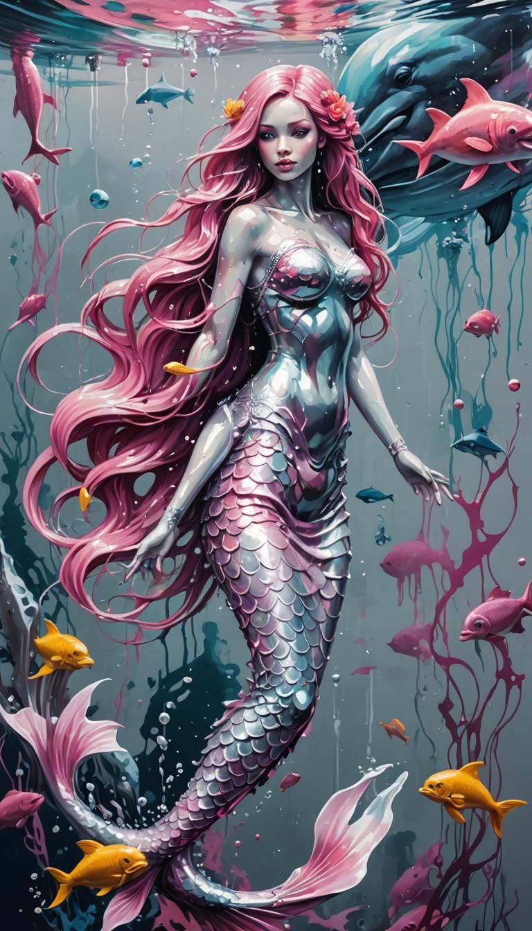 Silver and Pink Mermaid Underwater in Graffiti Style