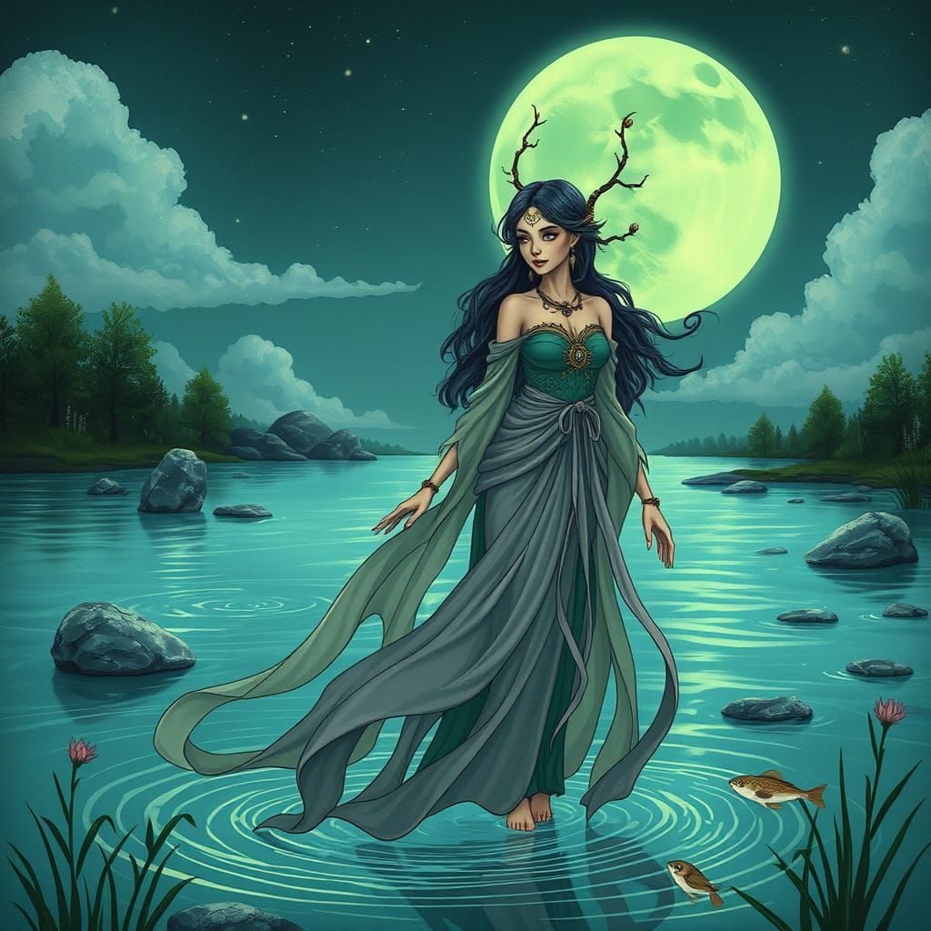 River Spirit Under Green Moon in Whimsical Style