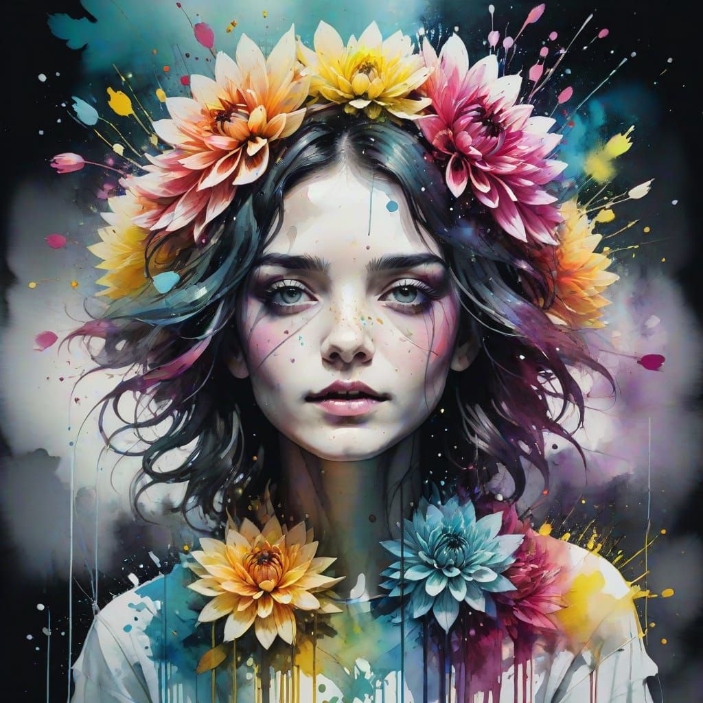 Vibrant Dahlia Blooms Radiate Rainbow Hues in Whimsical Wate...