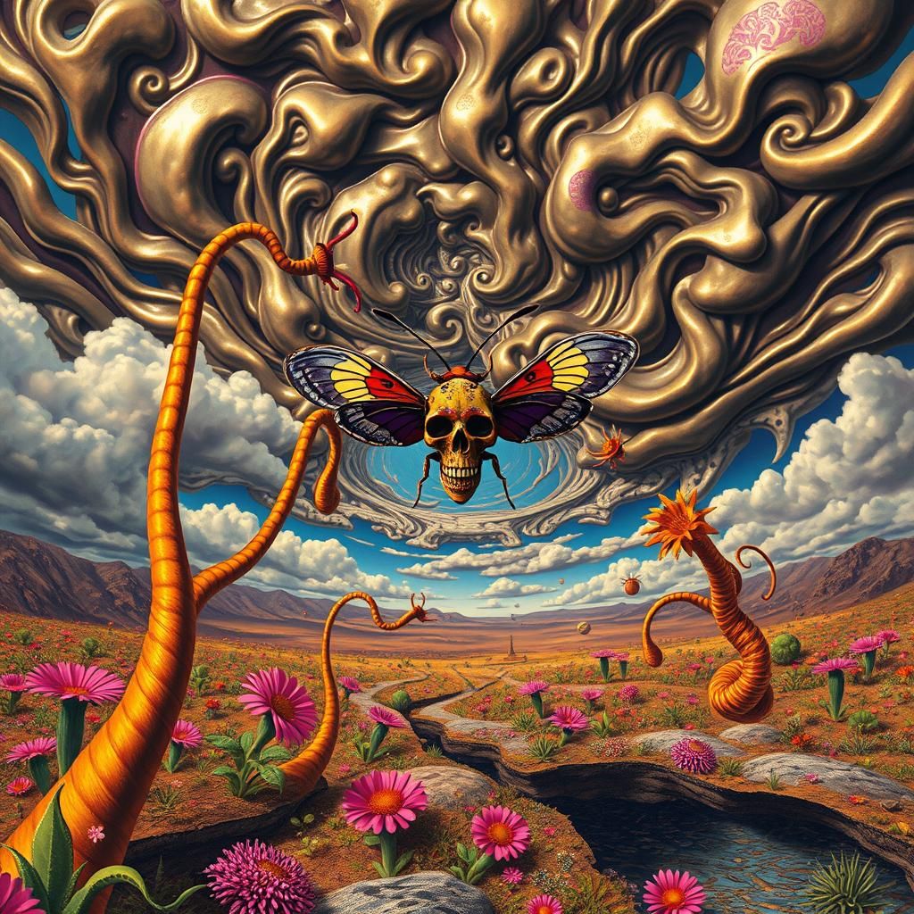 Surreal Landscape with Sugar Skull Moth, Salvador Dali Style