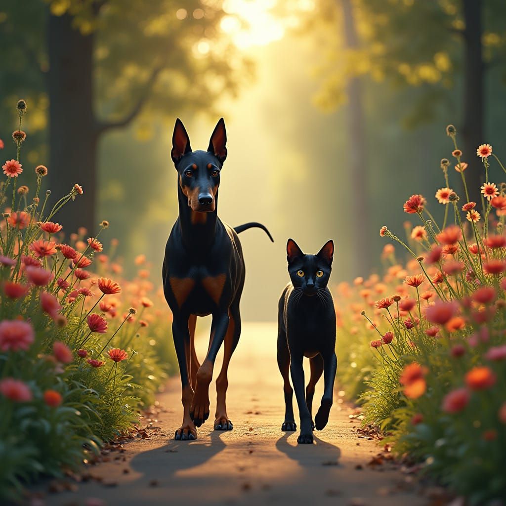Majestic Doberman and Black Cat in Whimsical Landscape