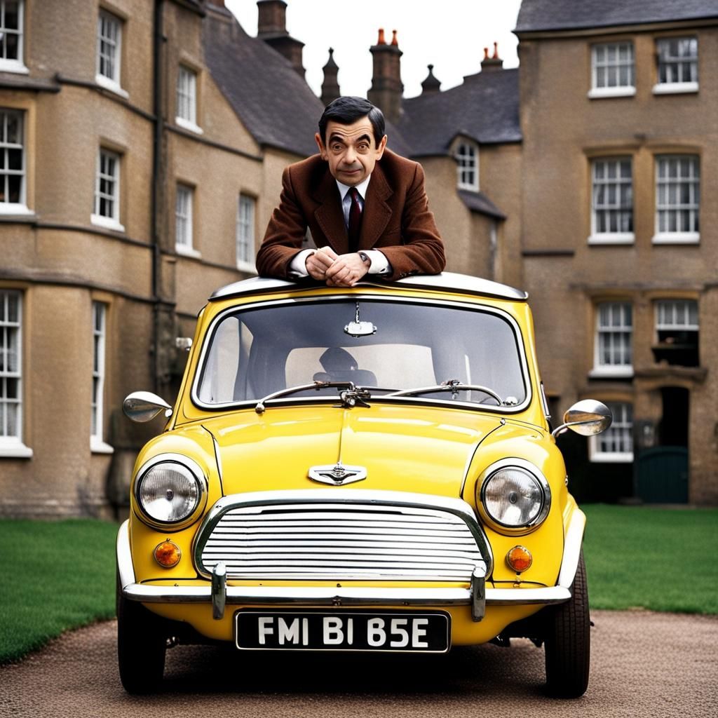 Mr. Bean on a Classic Mini Cooper